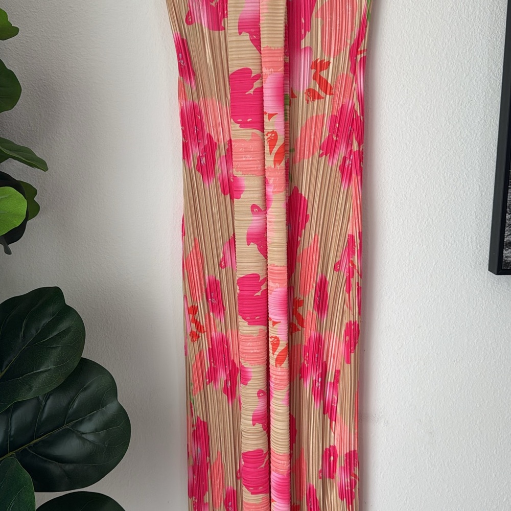 Pleated Maxi Dress with Pink Floral Print